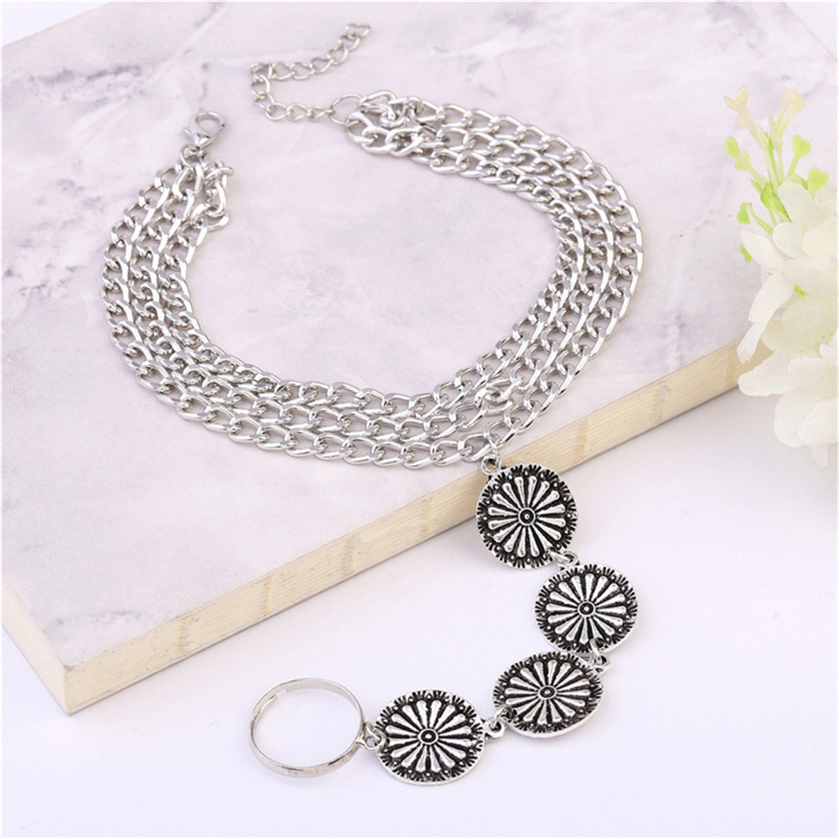 Silver-Plated Floral Four-Plate Anklet and Toe Ring Set, silver statement rings for women, lifestyle look
