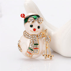 Cubic Zirconia & 18K Gold-Plated Skiing Snowman Brooch