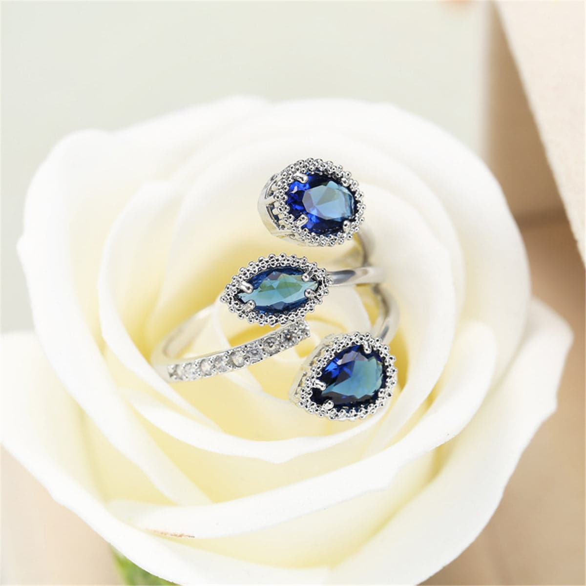 Navy Crystal and Silver-Plated Rattan Three-Stone Bypass Ring, silver statement rings for women, lifestyle look