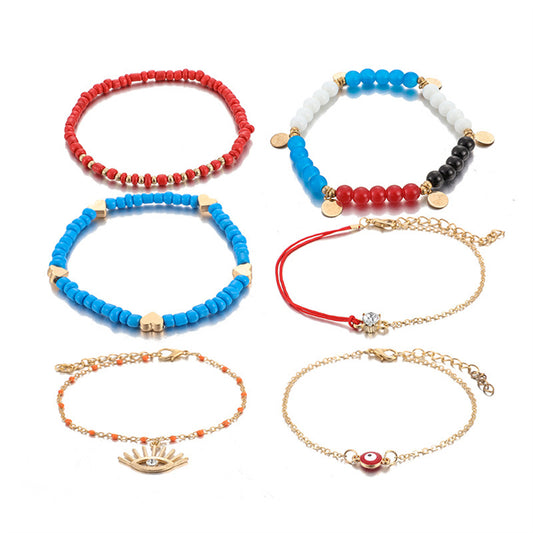 Red and Blue Beaded Evil Eye Anklet Set, jewelry gift sets for women, botanical inspired, side view