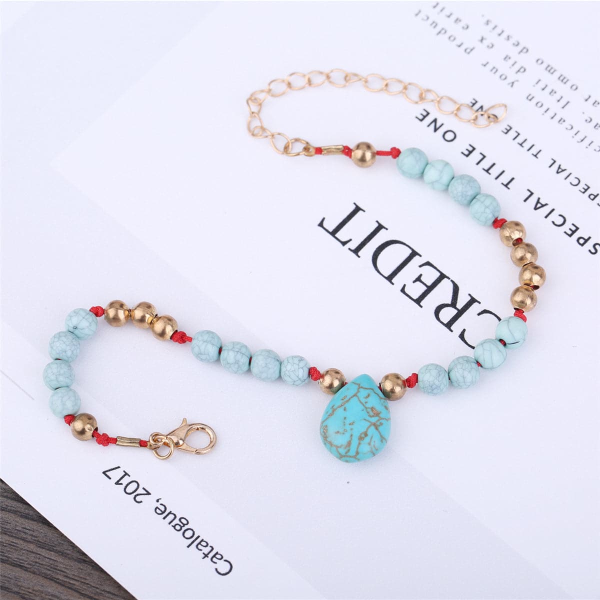 Teal Turquoise & 18K Gold-Plated Drop Beaded Charm Anklet
