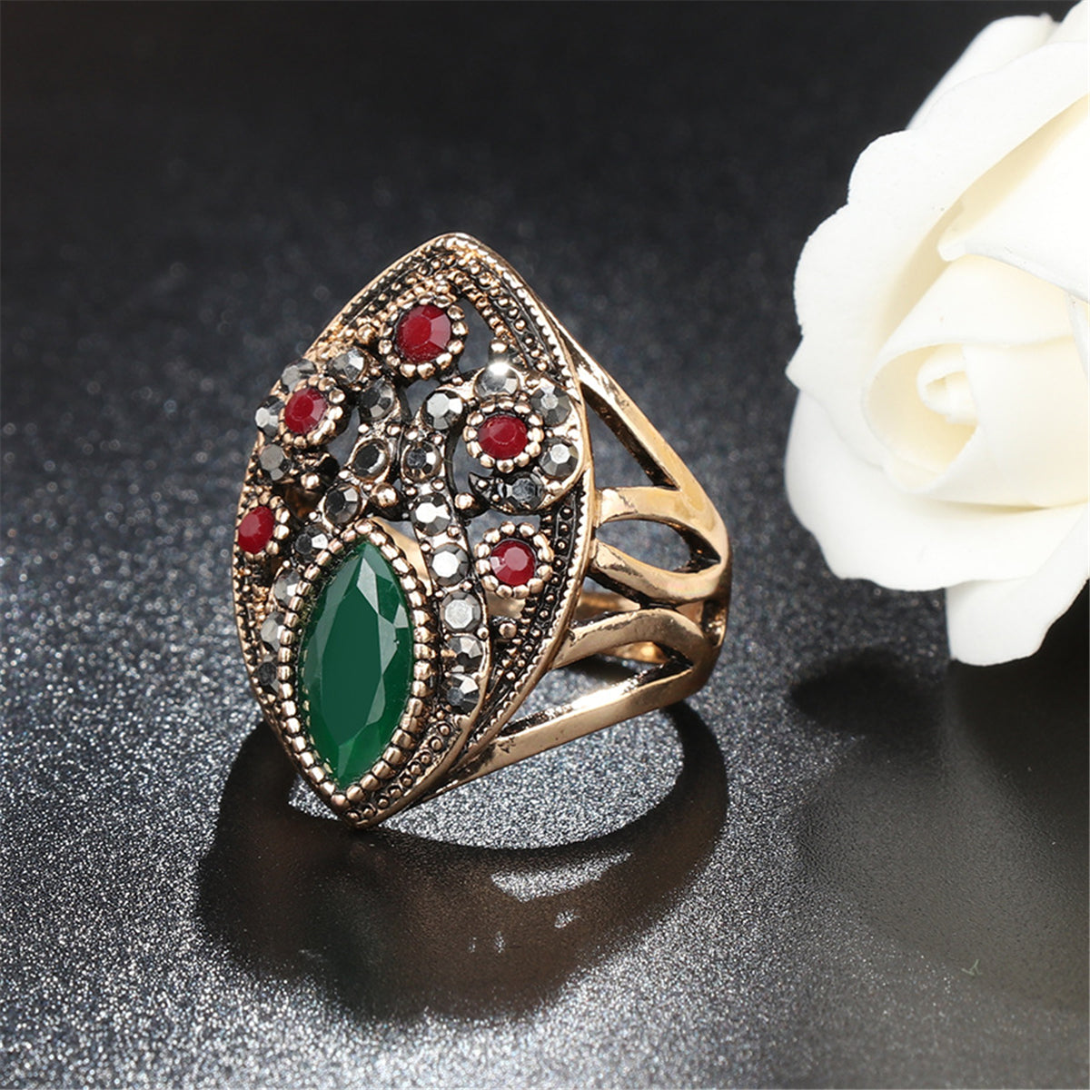 Green and Red Resin 18K Gold-Plated Geometric Ring, gold statement rings for women, vintage-inspired design, lifestyle look
