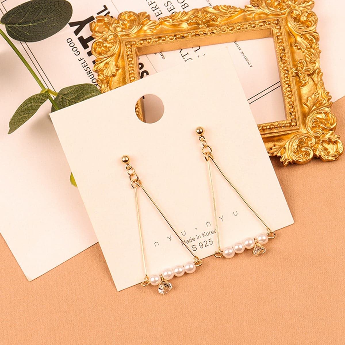 Pearl and 18K Gold-Plated Charm Open Triangle Drop Earrings, gold drop earrings for women, everyday style, detail close-up