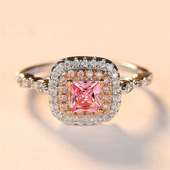 Pink Crystal & Two Tone Princess-Cut Halo Ring