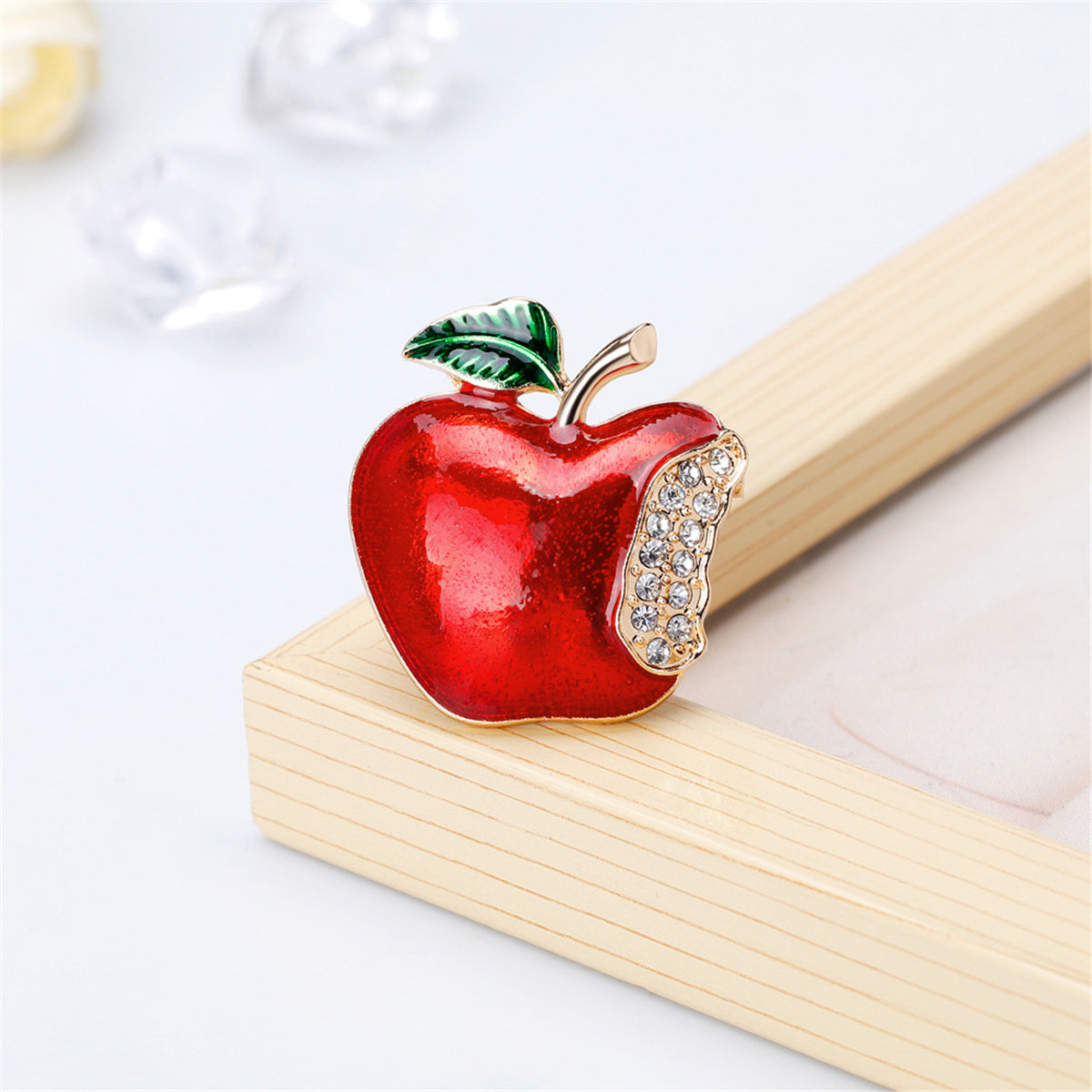 Cubic Zirconia and 18K Gold-Plated Bitten Apple Brooch, gold brooch pin, botanical inspired, lifestyle look