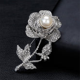 Cubic Zirconia & Pearl Silver-Plated Rose Brooch