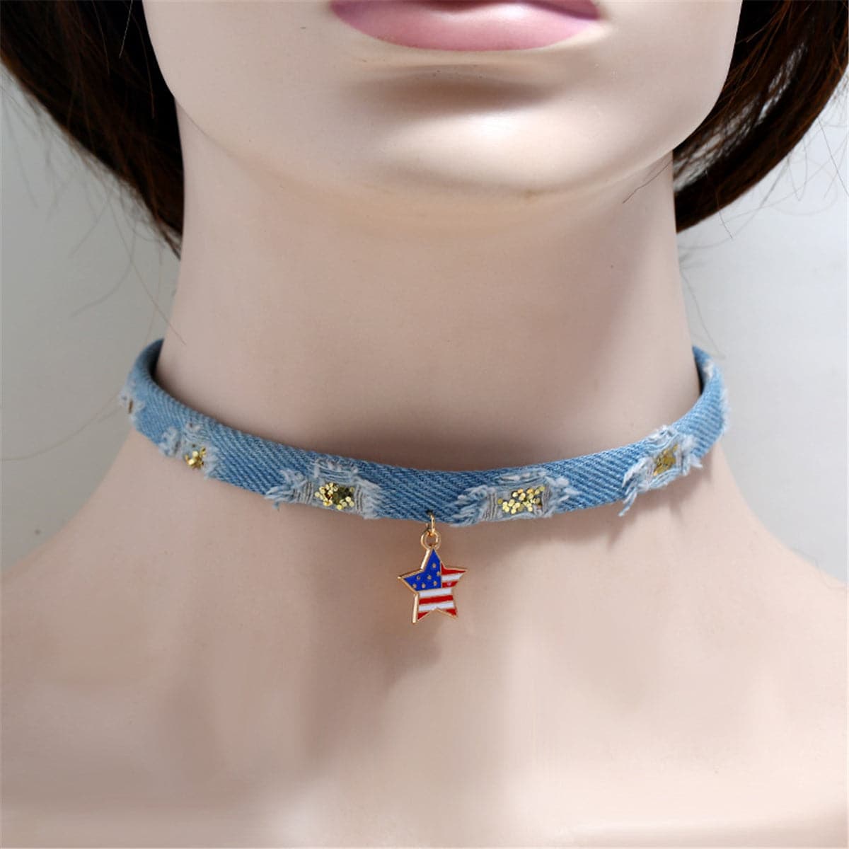 Light Blue Enamel and Polyster Two Tone American Flag Star Choker Necklace, chunky choker necklace, detail close-up