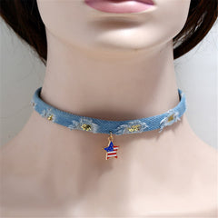Light Blue Enamel & Polyster Two Tone American Flag Star Choker Necklace
