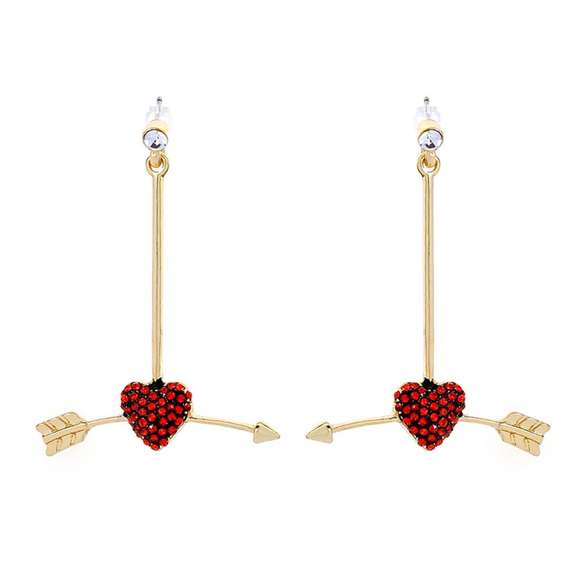 Red cubic zirconia & 18k Gold-Plated Arrow Heart Drop Earrings - streetregion