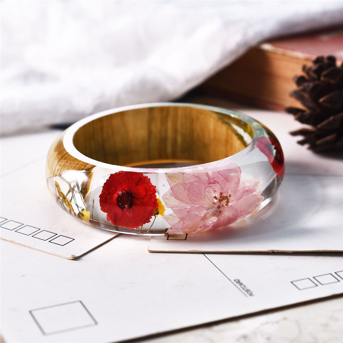Pink Dried Flower Wooden Bangle, bangle bracelet, vintage-inspired design, lifestyle look