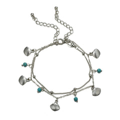 Turquoise & Silver-Plated Shell Station Anklet Set