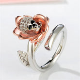 Silver-Plated & 18k Rose Gold-Plated Skull Rose Adjustable Ring - streetregion