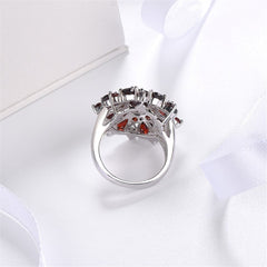Red Crystal & Silver-Plated Floral Cocktail Ring