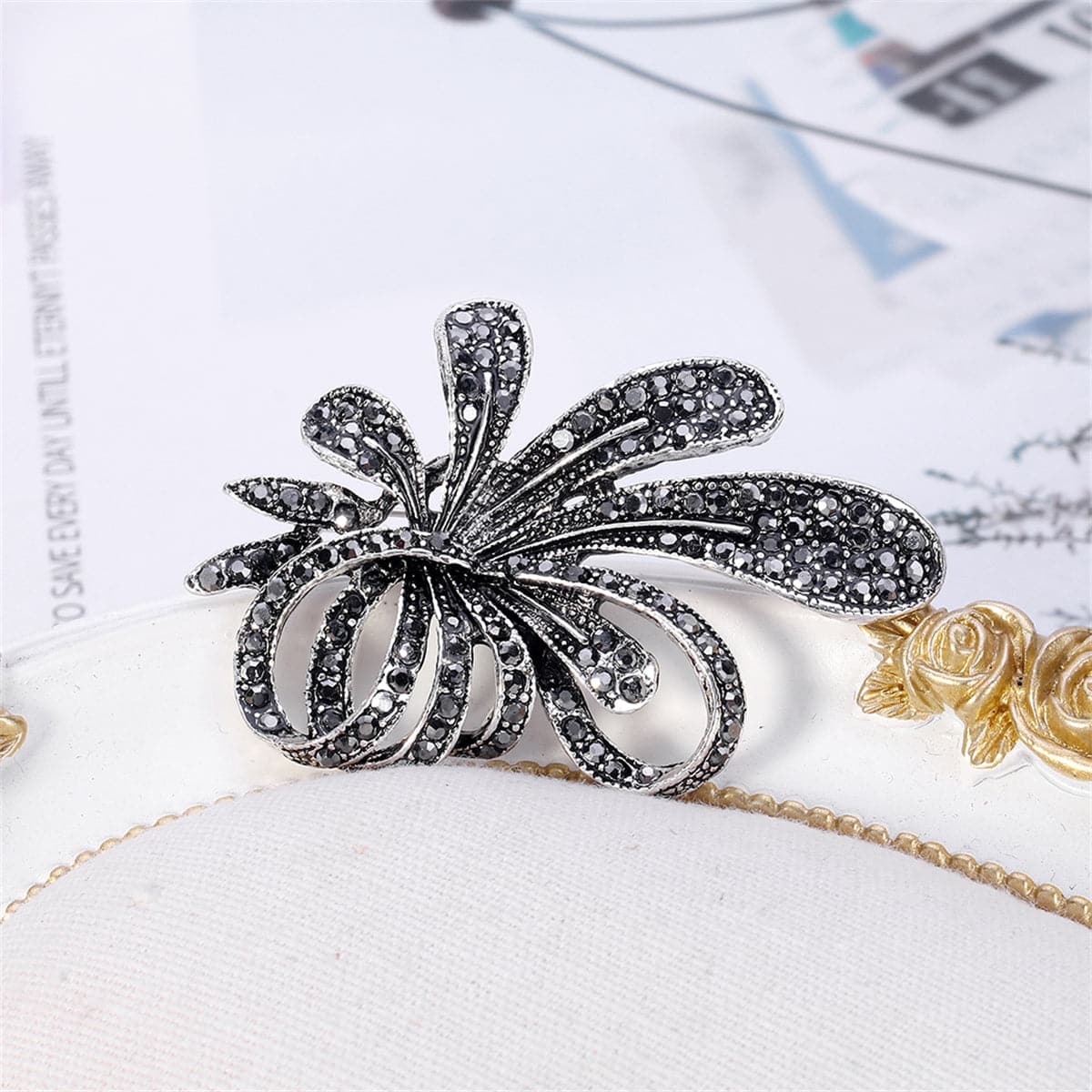 Black Cubic Zirconia and Silver-Plated Flower Brooch, silver brooch pin, elegant gift for her, styled look
