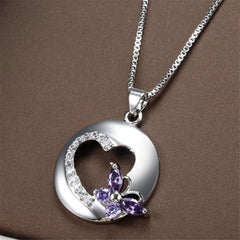 Purple Crystal & Cubic Zirconia Heart Butterfly Pendant Necklace