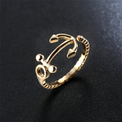 Beautifully crafted 18K gold-plated anchor ring showcasing a rope design, a must-have accessory for ocean enthusiasts.
