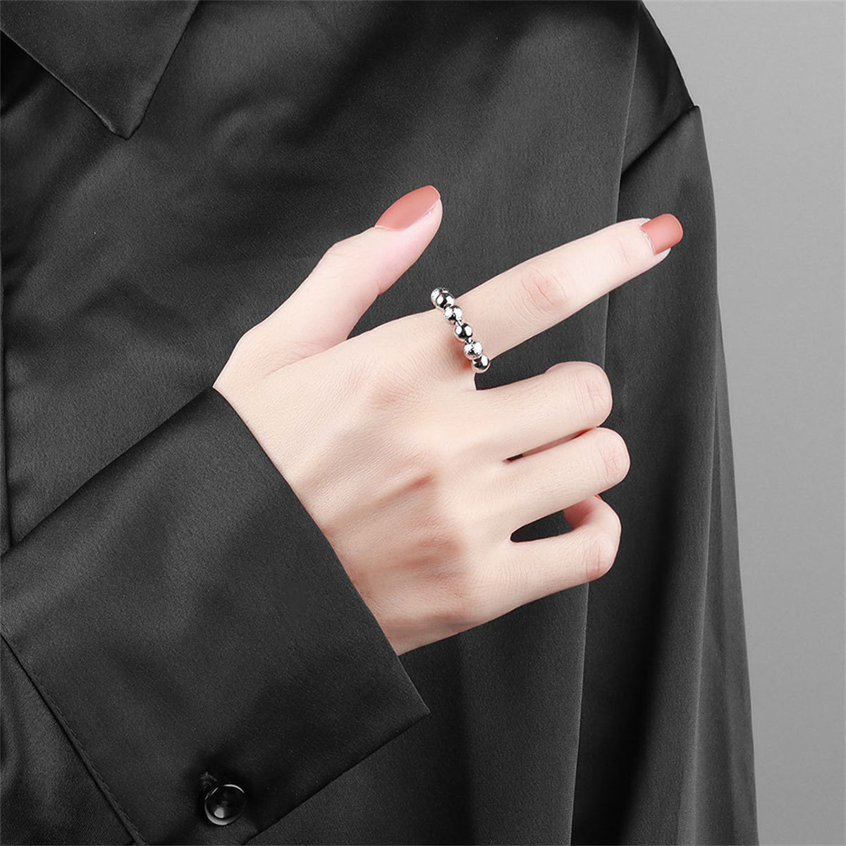 Silver-Plated Frosted Bead Open Ring, silver statement rings for women, dainty minimalist design, detail close-up