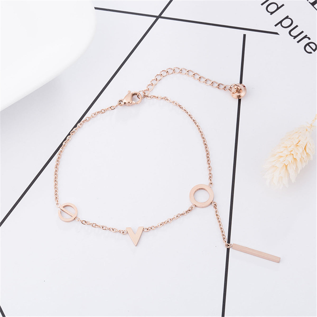 18K Rose Gold-Plated 'Love' Anklet, rose gold anklet bracelet, botanical inspired, styled look
