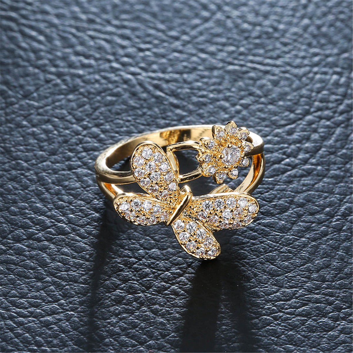 Cubic Zirconia and Gold-Plated Dragonfly Ring, gold statement rings for women, botanical inspired, lifestyle look