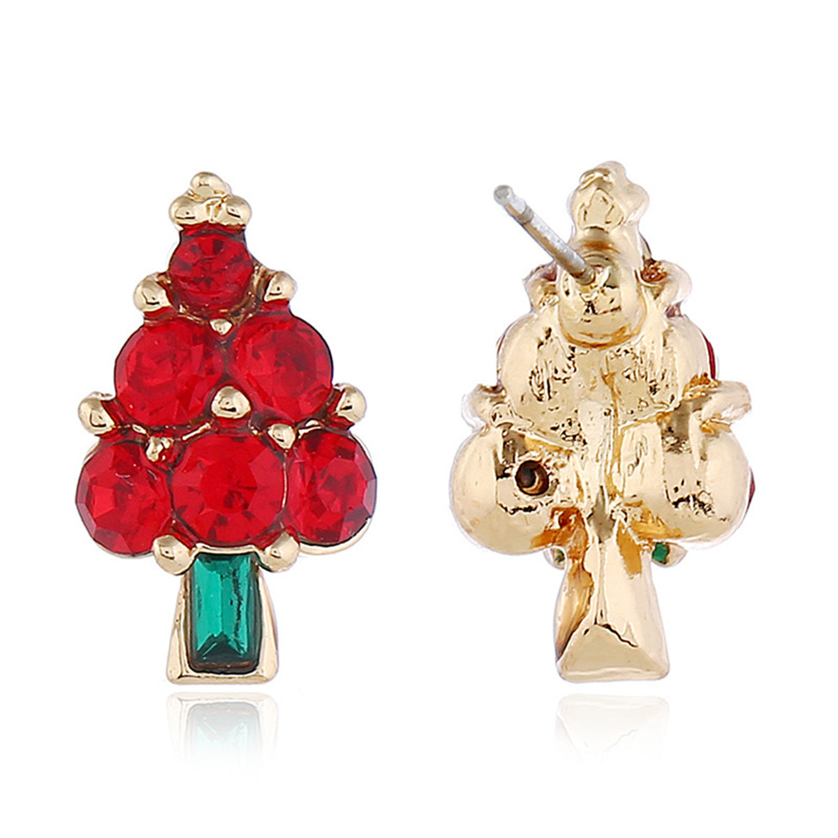 Red Cubic Zirconia and Green Crystal Tree Stud Earrings, stud earrings for women, everyday style, detail close-up