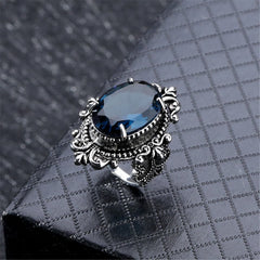 Blue Crystal & Silver-Plated Oval Filigree Ring - streetregion