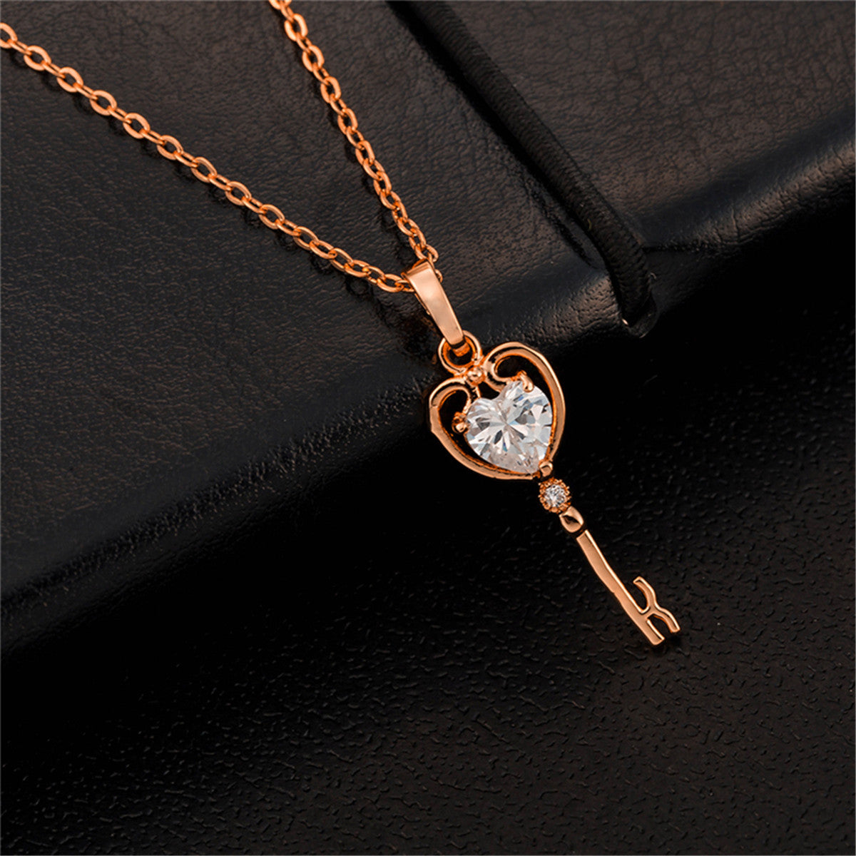 White Crystal and 18K Rose Gold-Plated Key Pendant Necklace, rose gold pendant necklace for women, lifestyle look