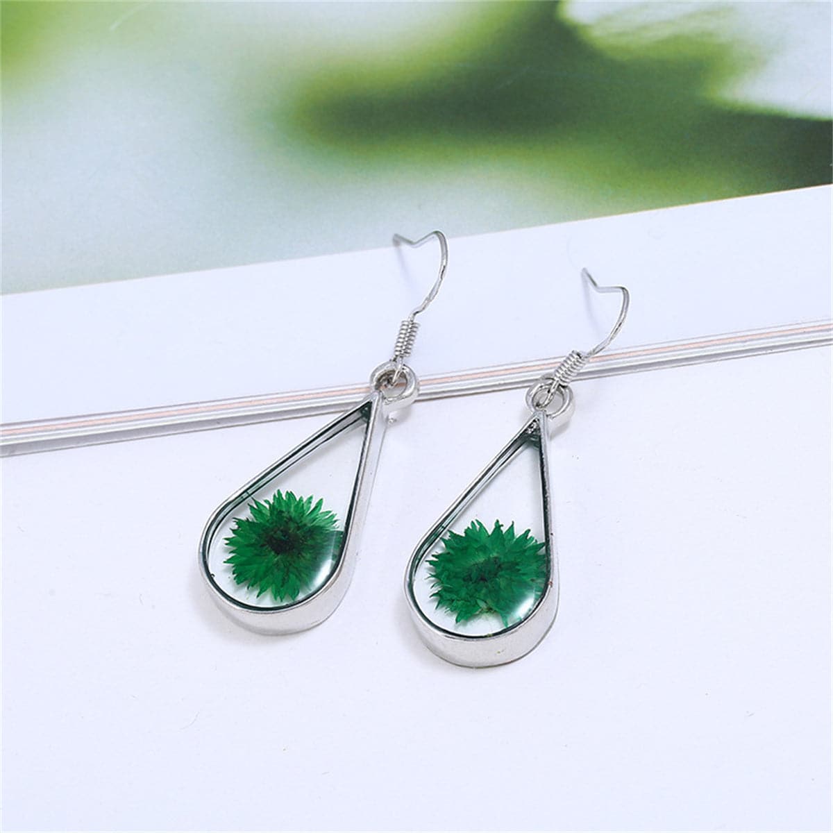 Green Peony and Silver-Plated Drop Earring, silver drop earrings for women, elegant gift for her, side view