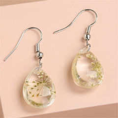 White Flower & Silver-Plated Baby'S Breath Teardrop Earrings