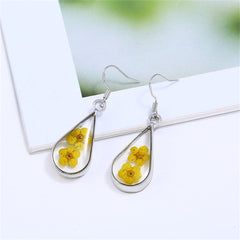 Double Yellow Pressed Peach Flower & Silver-Plated Drop Earrings