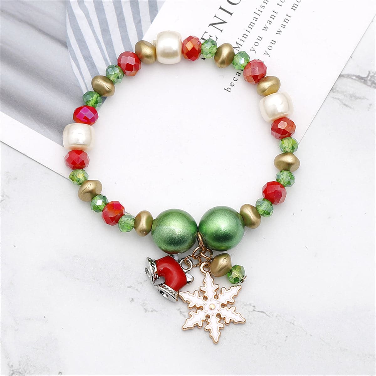 Pearl and Two-Tone Snowflake Bell Stretch Charm Bracelet, bracelet for women, everyday style, side view