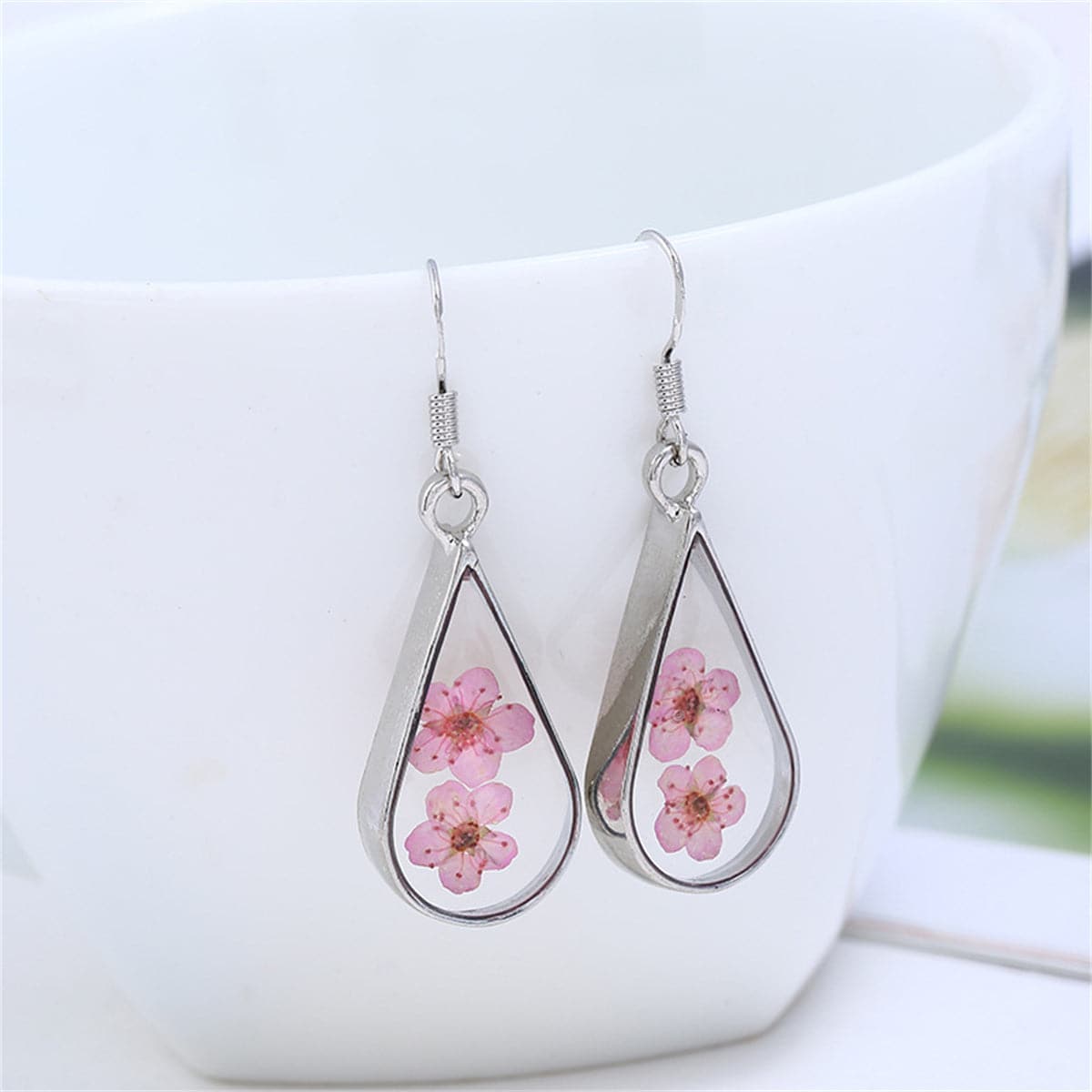 Pink Pressed Flower and Silver-Plated Teardrop Earrings, silver drop earrings for women, elegant gift for her, side view