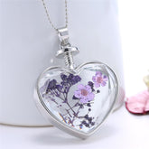 Purple Peach Blossom & Resin Heart Pendant Necklace