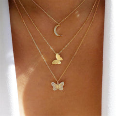 Cubic Zirconia & 18K Gold-Plated Moon Butterfly Layered Pendant Necklace
