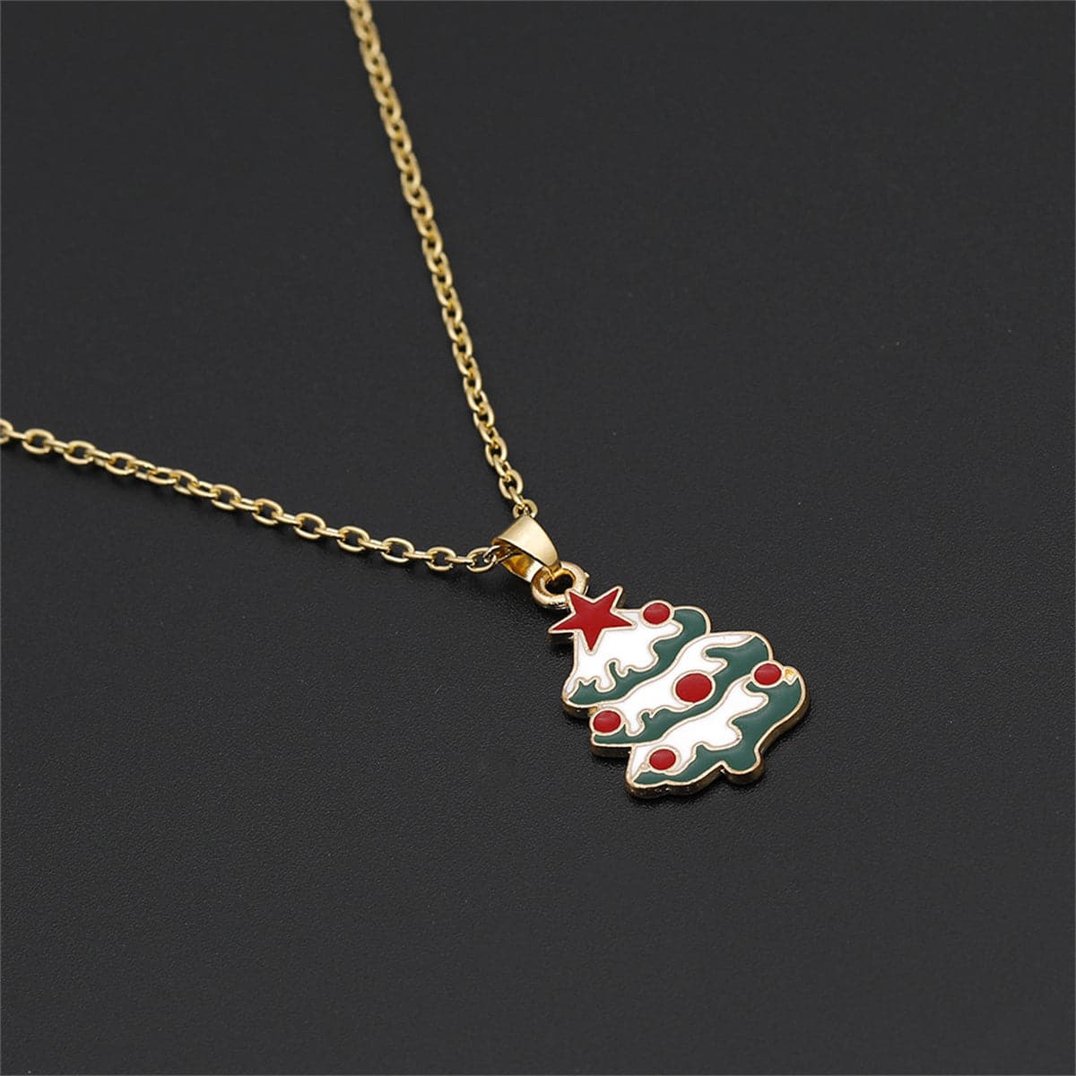 Green Enamel and 18K Gold-Plated Christmas Tree Pendant Necklace, gold pendant necklace for women, side view