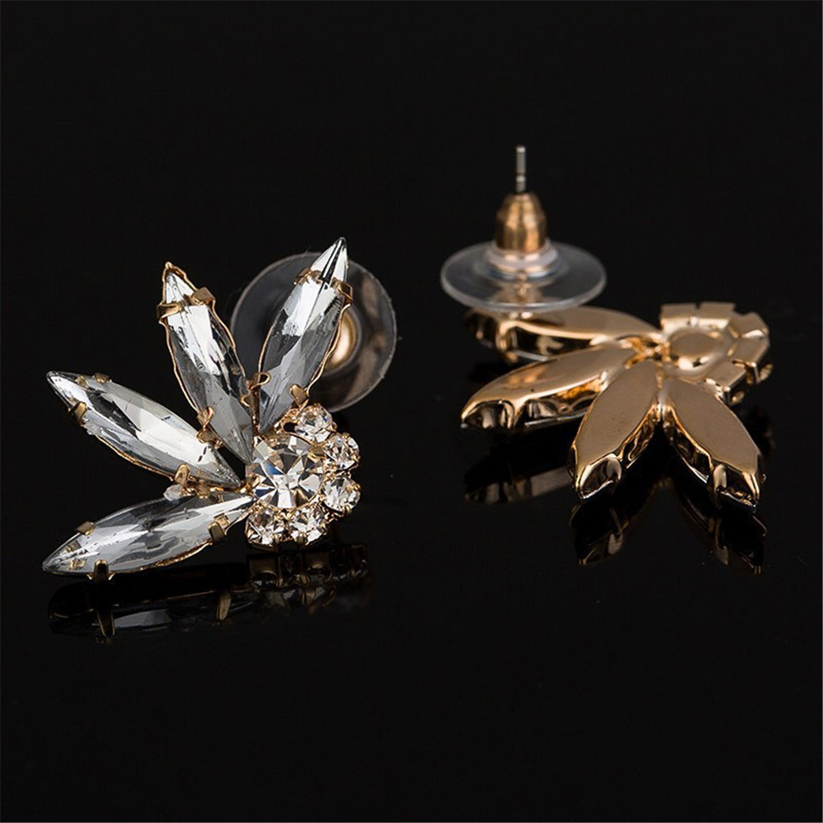 Crystal and Cubic Zirconia 18K Gold-Plated Stud Earrings, gold stud earrings for women, botanical inspired, detail close-up