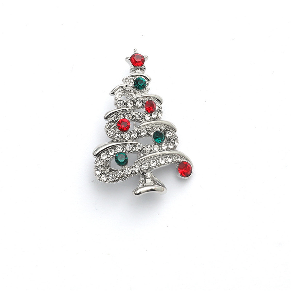 Red and Green Cubic Zirconia Silver-Plated Holiday Tree Brooch, silver brooch pin, elegant gift for her, detail close-up