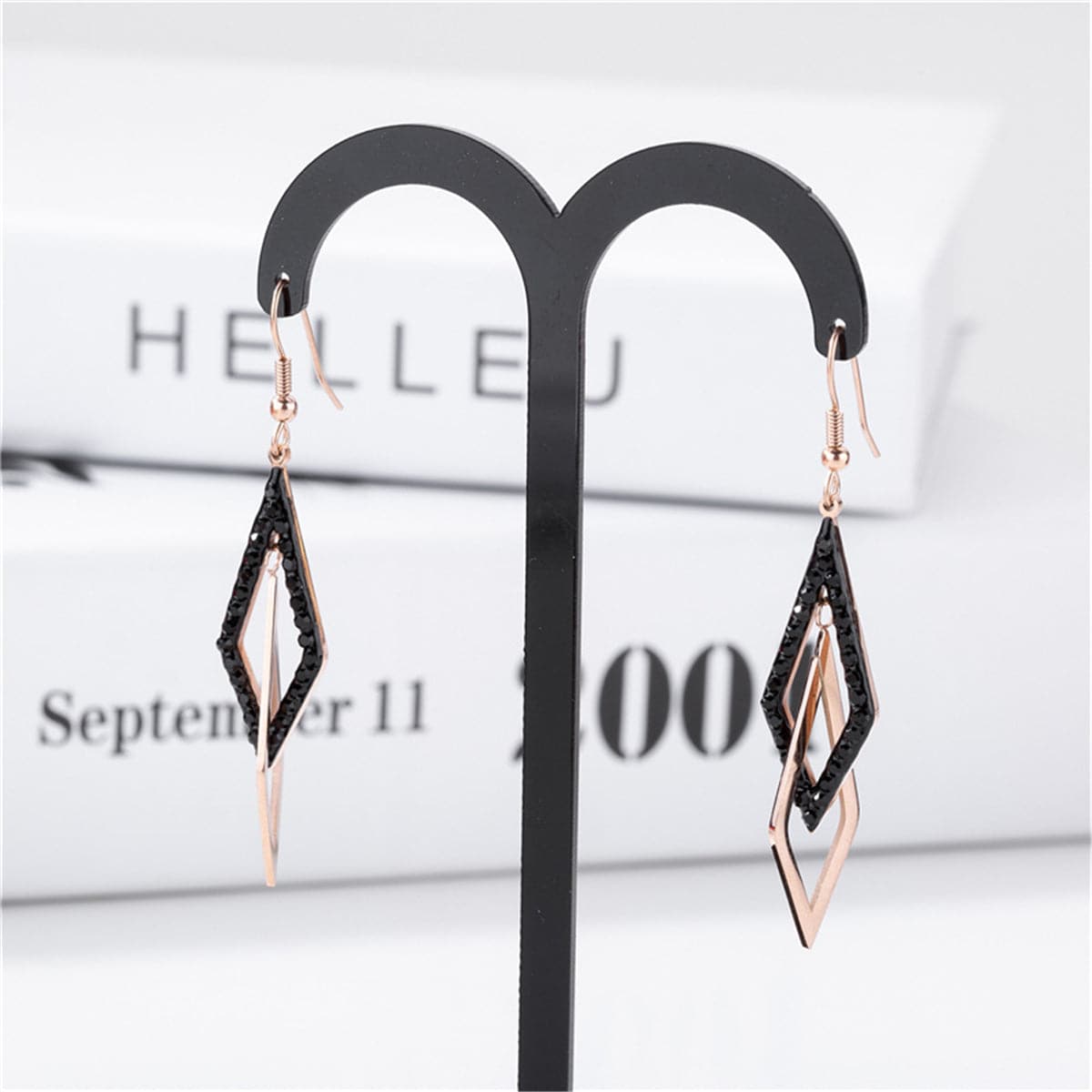 Black and 18K Rose Gold-Plated Crossing Rhombus Drop Earrings, rose gold drop earrings for women, everyday style, styled look