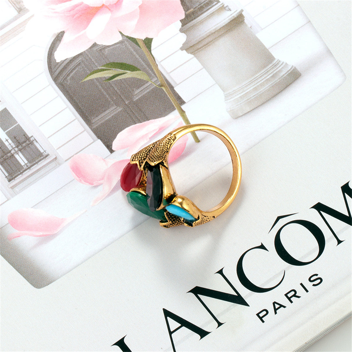 Black and 18K Gold-Plated Pear-Cut Ring, gold statement rings for women, everyday style, styled look
