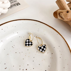 Black & White Checkerboard Heart Drop Earrings