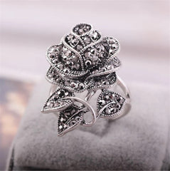 cubic zirconia & Silvertone Blooming Rose Ring - streetregion