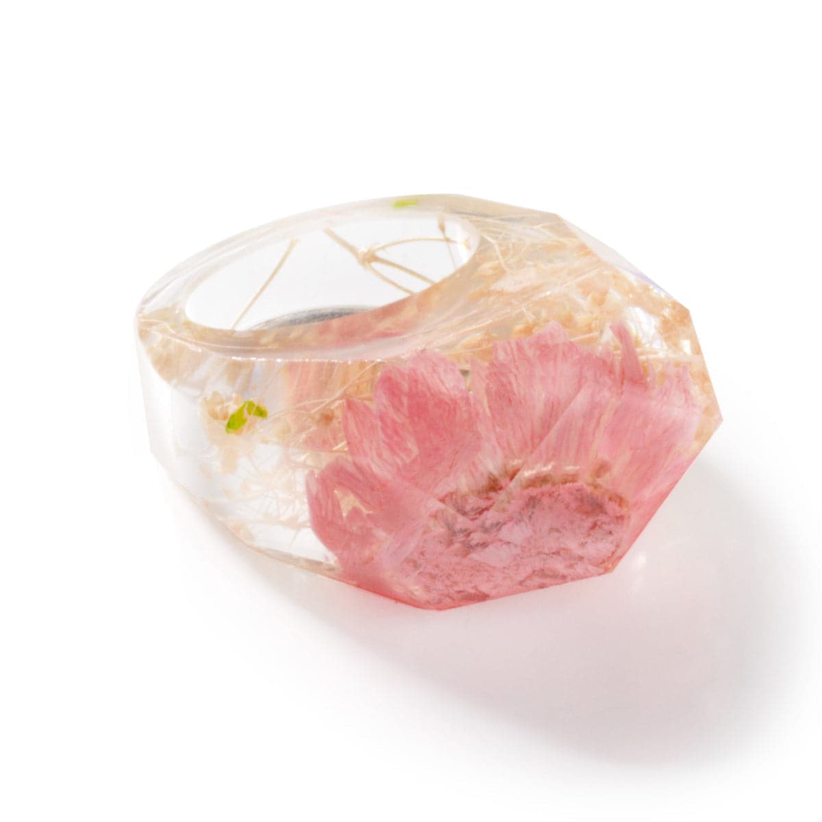 Pink and Natural Dried Flower Ring, statement rings for women, botanical inspired, detail close-up