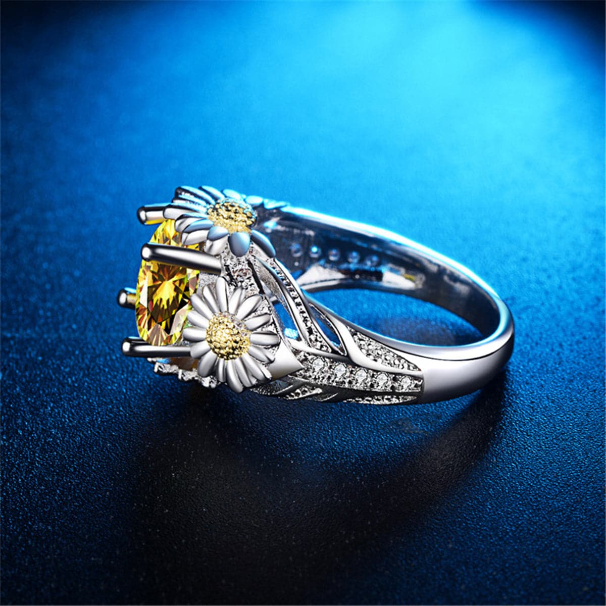 Yellow Crystal and Two-Tone Mum Ring, statement rings for women, everyday style, detail close-up