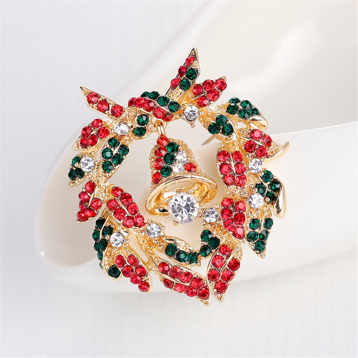 Cubic Zirconia and 18K Gold-Plated Bell Botany Wreath Brooch, gold brooch pin, vintage-inspired design, styled look