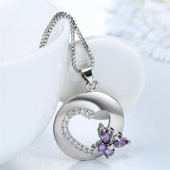 Purple Crystal & Cubic Zirconia Heart Butterfly Pendant Necklace