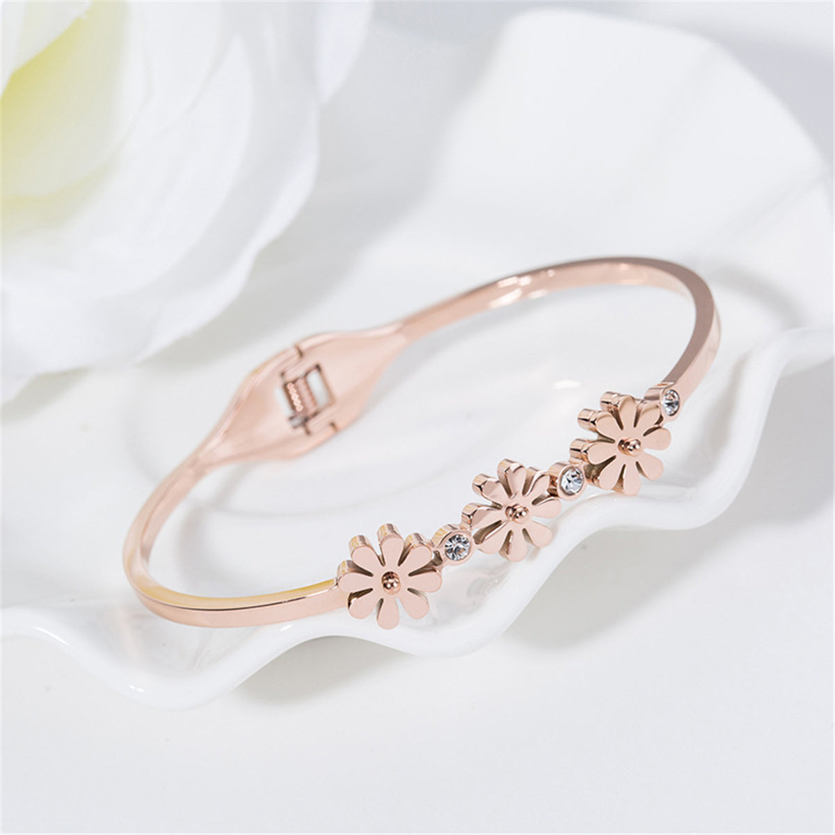 Cubic Zirconia and 18K Rose Gold-Plated Triple Mum Hinge Bangle, rose gold bangle bracelet, elegant gift for her, styled look