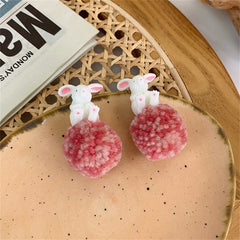 White & Pink Wool Pom-Pom Rabbit Drop Earrings