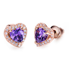 Purple Crystal & Cubic Zirconia 18K Rose Gold-Plated Halo Heart Stud Earrings