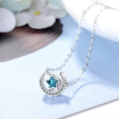 Blue Crystal & cubic zirconia Star Above Moon Pendant Necklace - streetregion