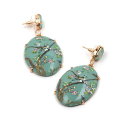 Green Crystal & 18K Gold-Plated Bird Branch Oval Drop Earrings