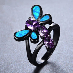 Blue Opal & Purple Crystal Dragonfly Openwork Ring - streetregion